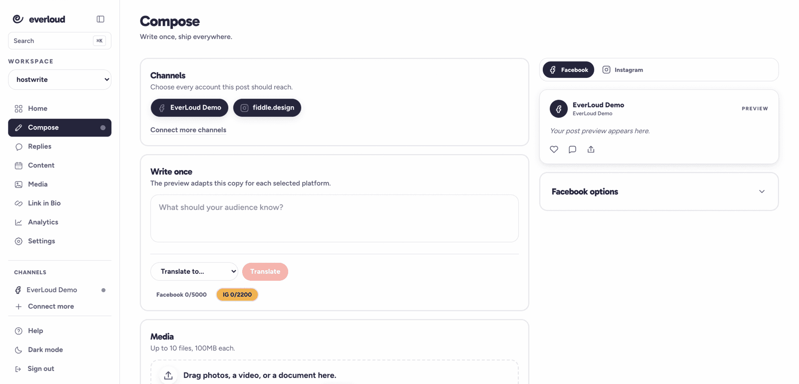 The EverLoud composer with one draft and a per channel preview open.