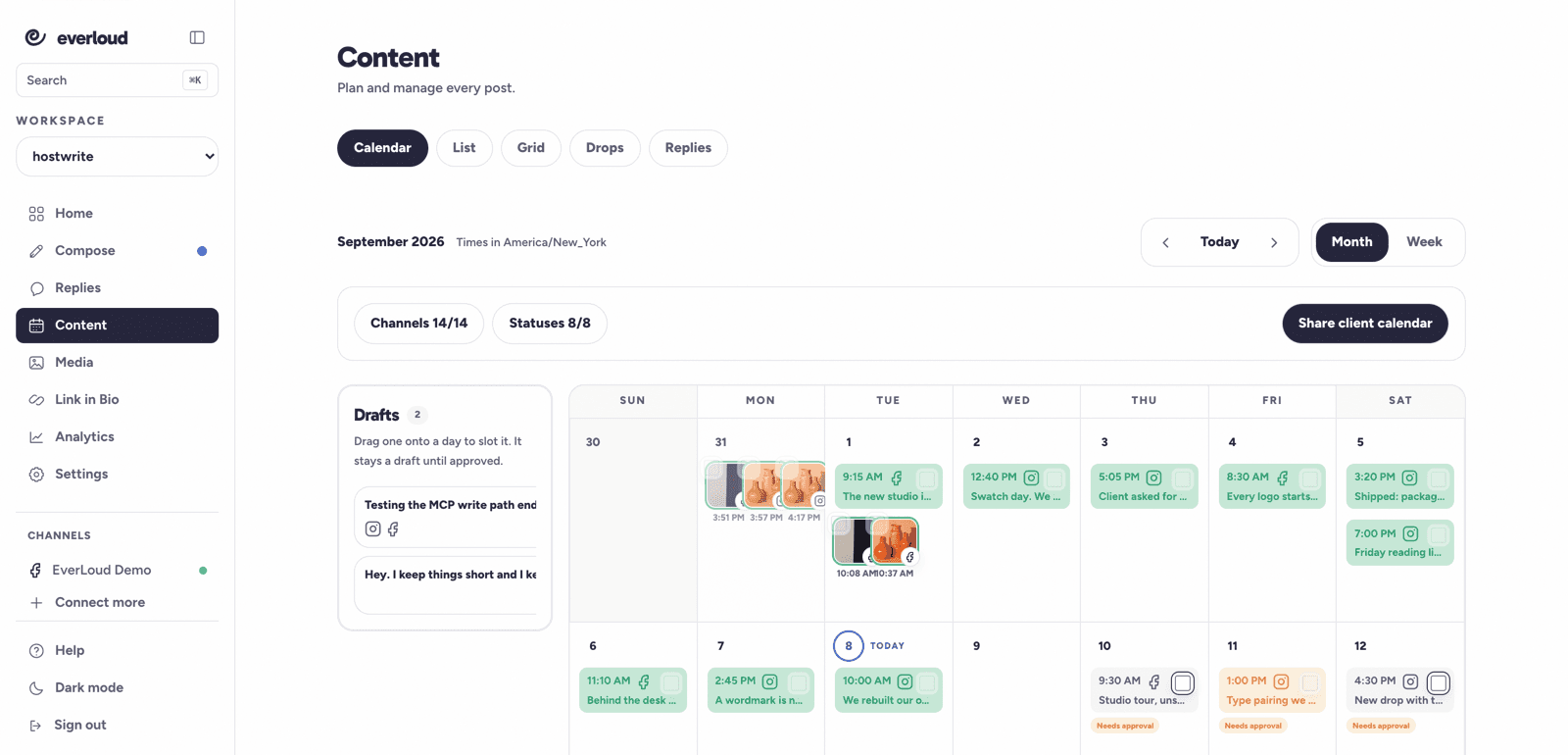 The EverLoud content calendar for September, with published posts and items waiting for approval.