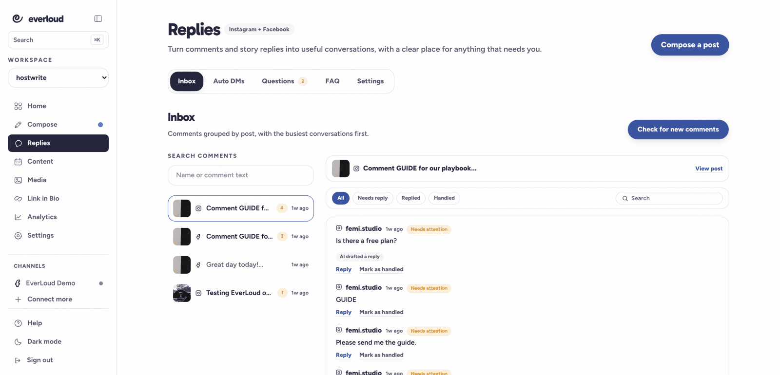 The EverLoud replies inbox with a conversation open and a drafted reply.
